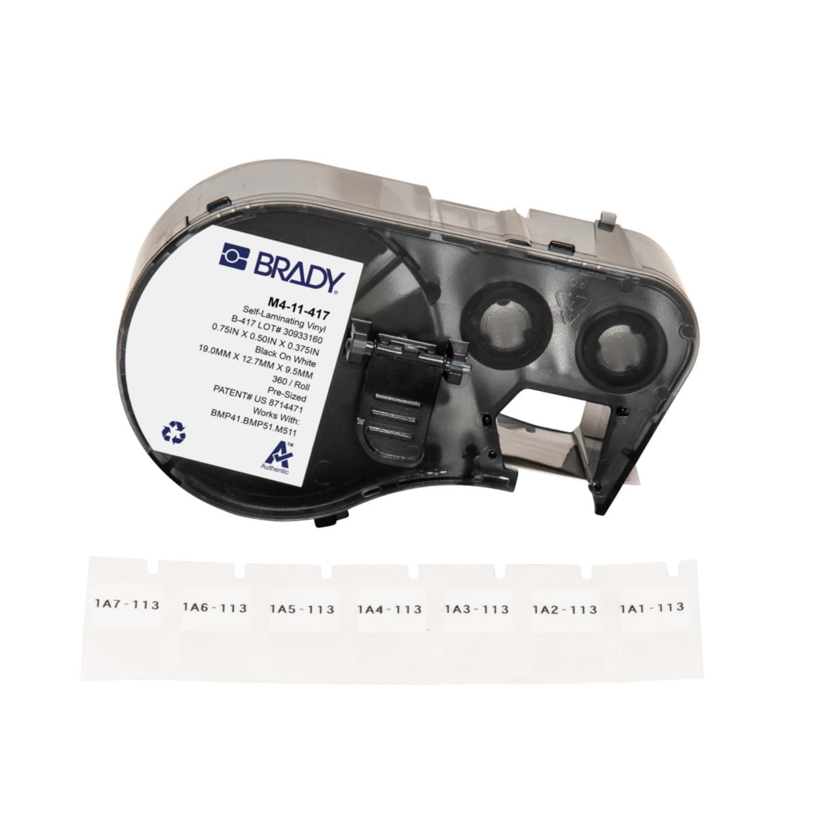 Brady Authentic (M4-11-427) Self-Laminating Vinyl Wrap Around Labels 0.75" H x 0.5" W Black on White, Clear, 360 Labels. for use with The BMP41, BMP51, and M511 Label Printers