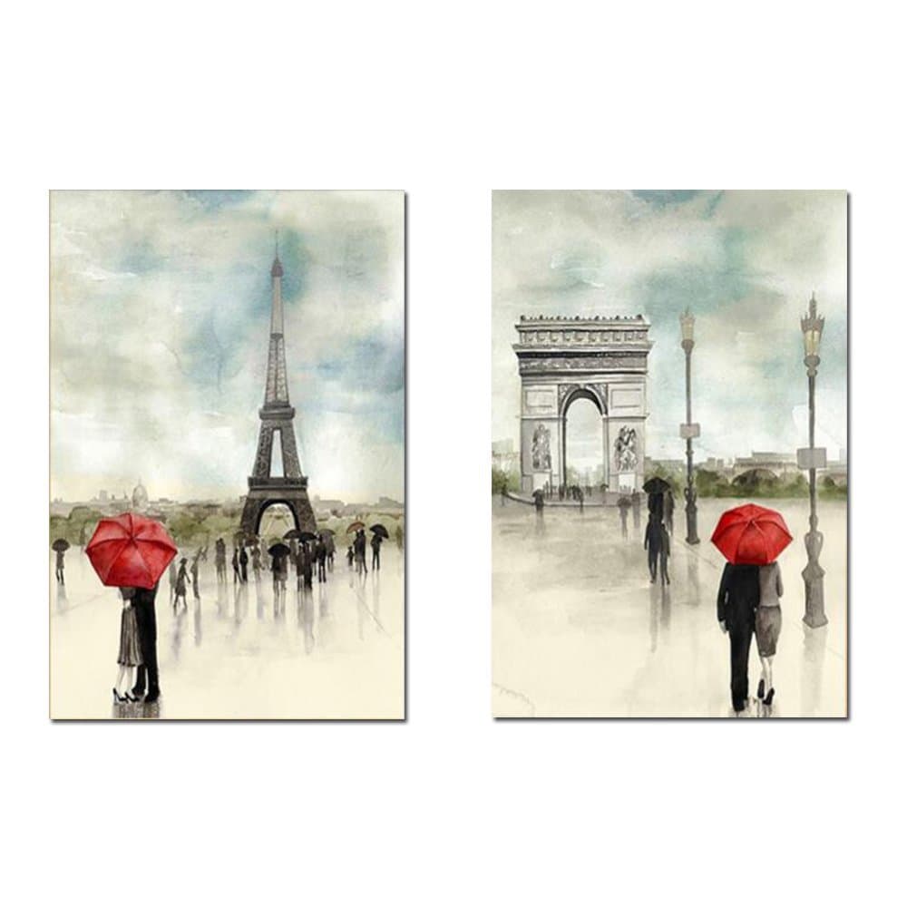 Anna Art European Retro Style Lovers in the Rain with Red Umbrella in Paris Canvas Decor Framed Ready to Hang Wall Art 16 X 24 2P/set