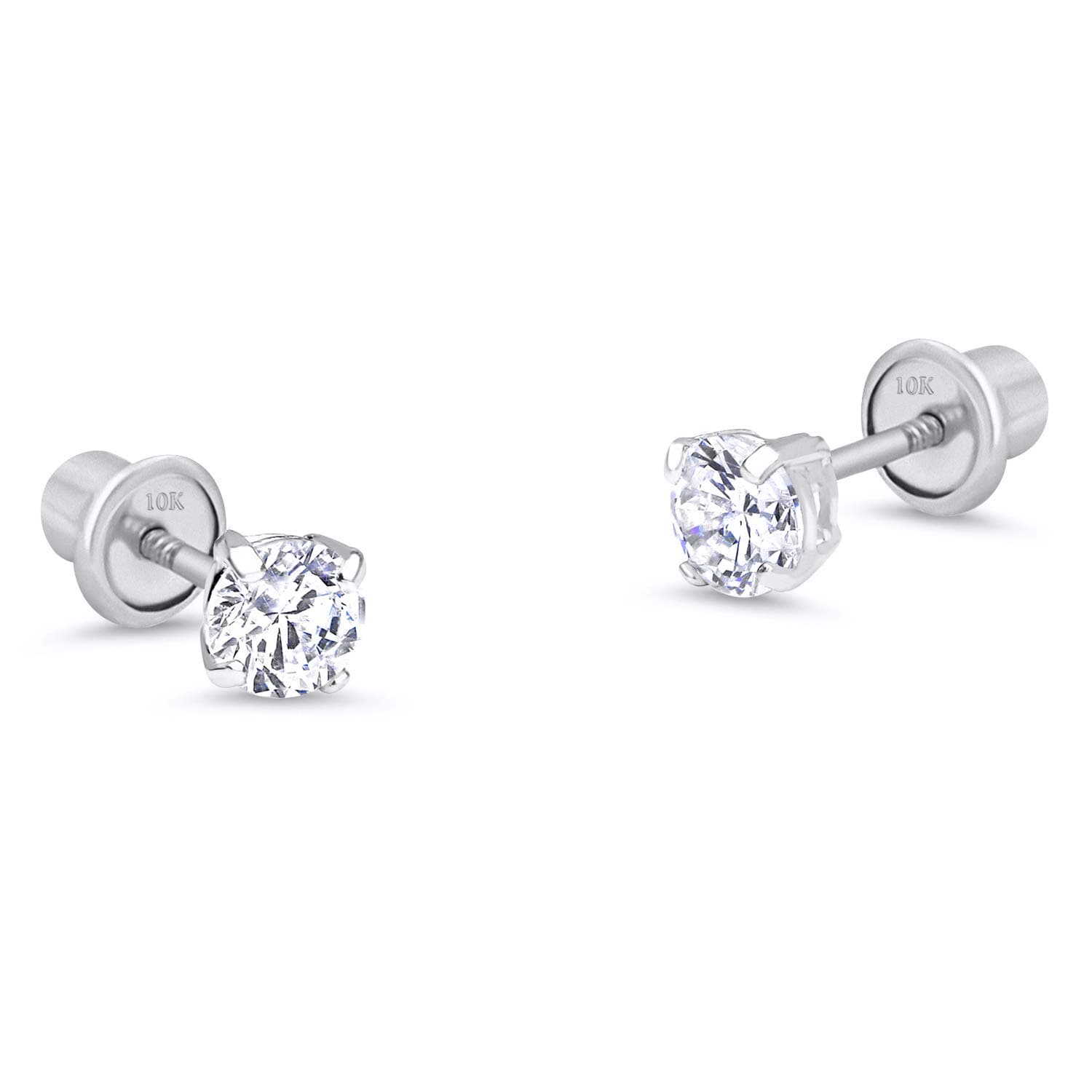 10k White Gold Basket Round CZ Cubic Zirconia Solitaire Children Stud Screwback Baby Girls Earrings