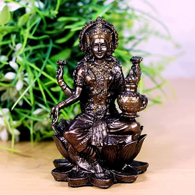 PSQURMART Bronze Laxmi MATA Blessing Sitting on Lotus with Kalash & Bronze Statue for Temple Puja Home Decor Murti Office Gift Item Showpiece Hight-8 CM