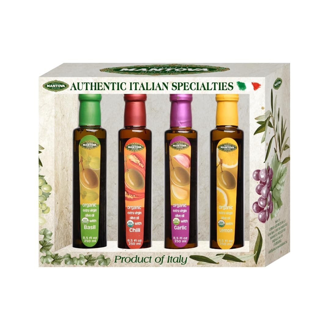 Organic Flavored Extra Virgin Olive Oil Variety Pack – Garlic, Basil, Chili, and Lemon (8.5 oz Bottles, Pack of 4) – Perfect for Cooking, Dressing, and a Great Gift Item