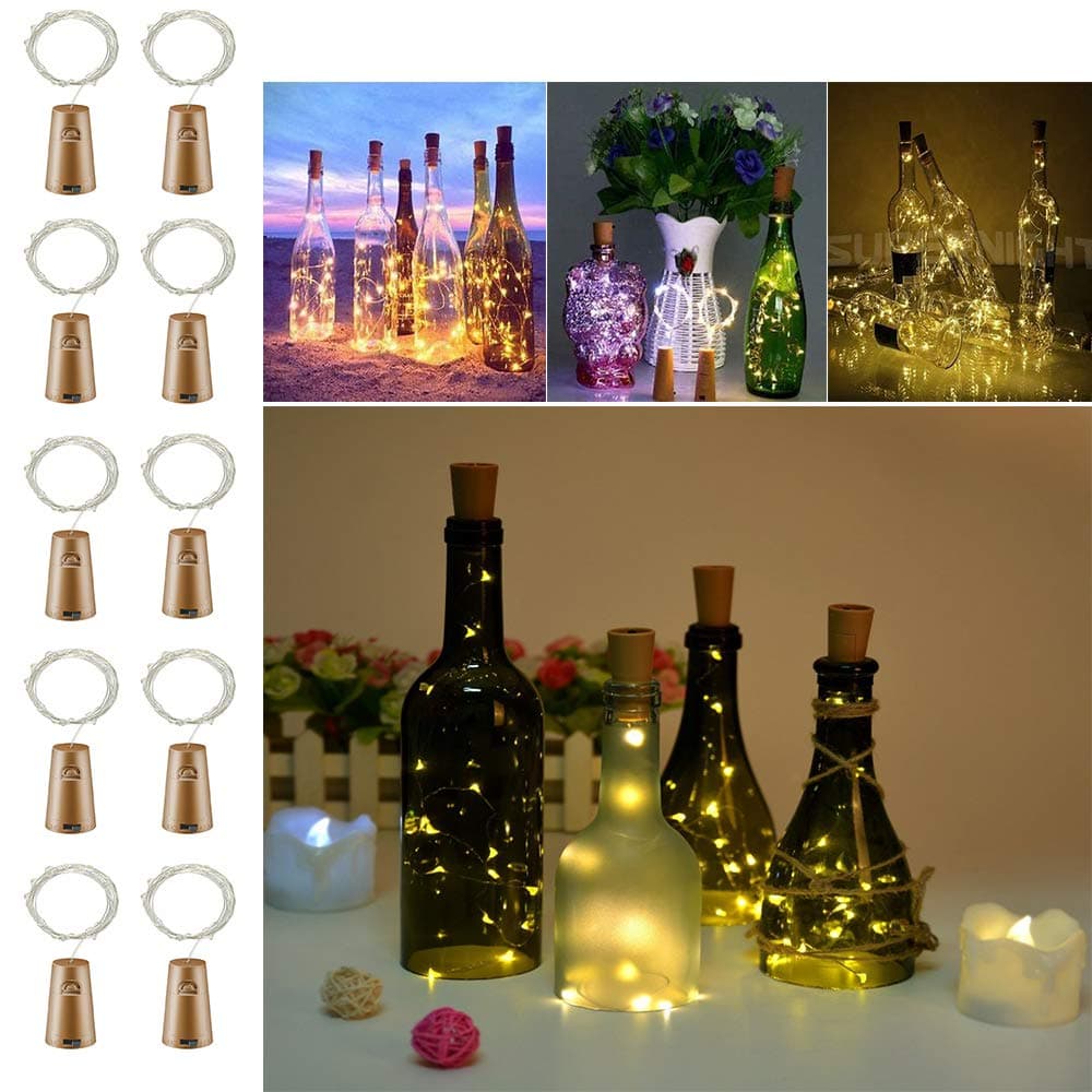 Led Bottle Lights with Cork - String Fairy Lights for Bottles, 2m 20 LEDs Battery Operated Copper Wire Wine String Lights for Holiday Wedding Party Christmas DIY Decorations, Warm White, 10 Pack