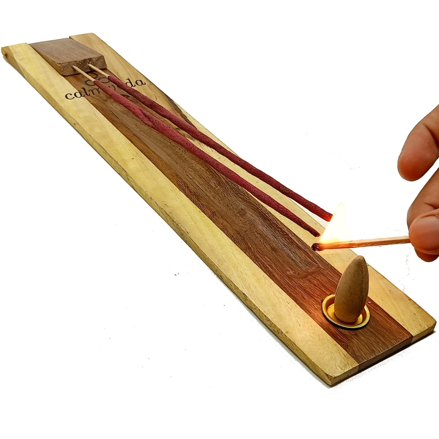 Agarbatti Stand with Ash Catcher - 100% Sheesham Wood Handmade Incense Holder | Holds 2 Incense Sticks and Cones (11.5 Inch)(Conical)