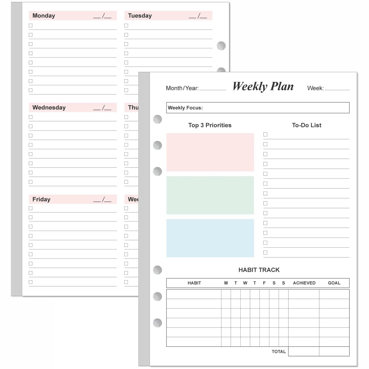 Weekly Planner Undated Refills - 52 Sheets/104 Pages Colorful Weekly Planner for A5 Binder, 6 Hole Punched, 100 gsm White Paper, 5.8" x 8.3"