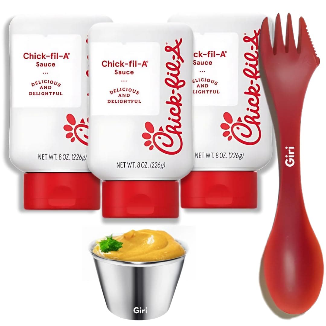 chikfila Orginal Sauce 8 oz. (3-pack) Squeeze Bottle Resealable Container Bundle with Giri™ Plastic Spork and Stainless Steel Condiment Sauce Cup (3 Items)