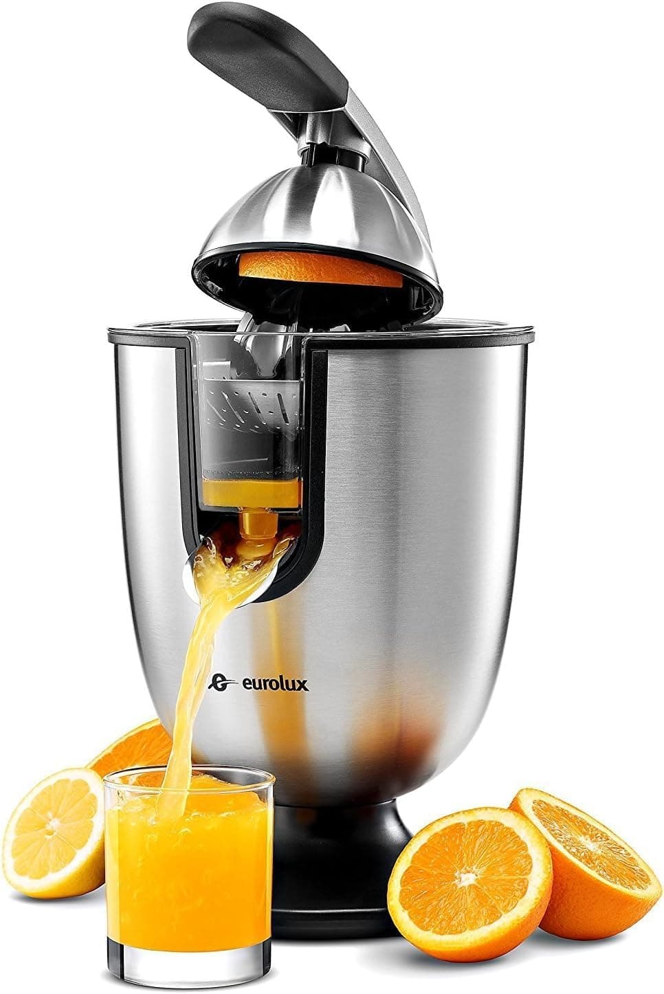 Eurolux Electric Citrus Juicer Squeezer, for Orange, Lemon, Grapefruit, Stainless Steel 160 Watts of Power Soft Grip Handle and Cone Lid for Easy Use (ELCJ-1700S)