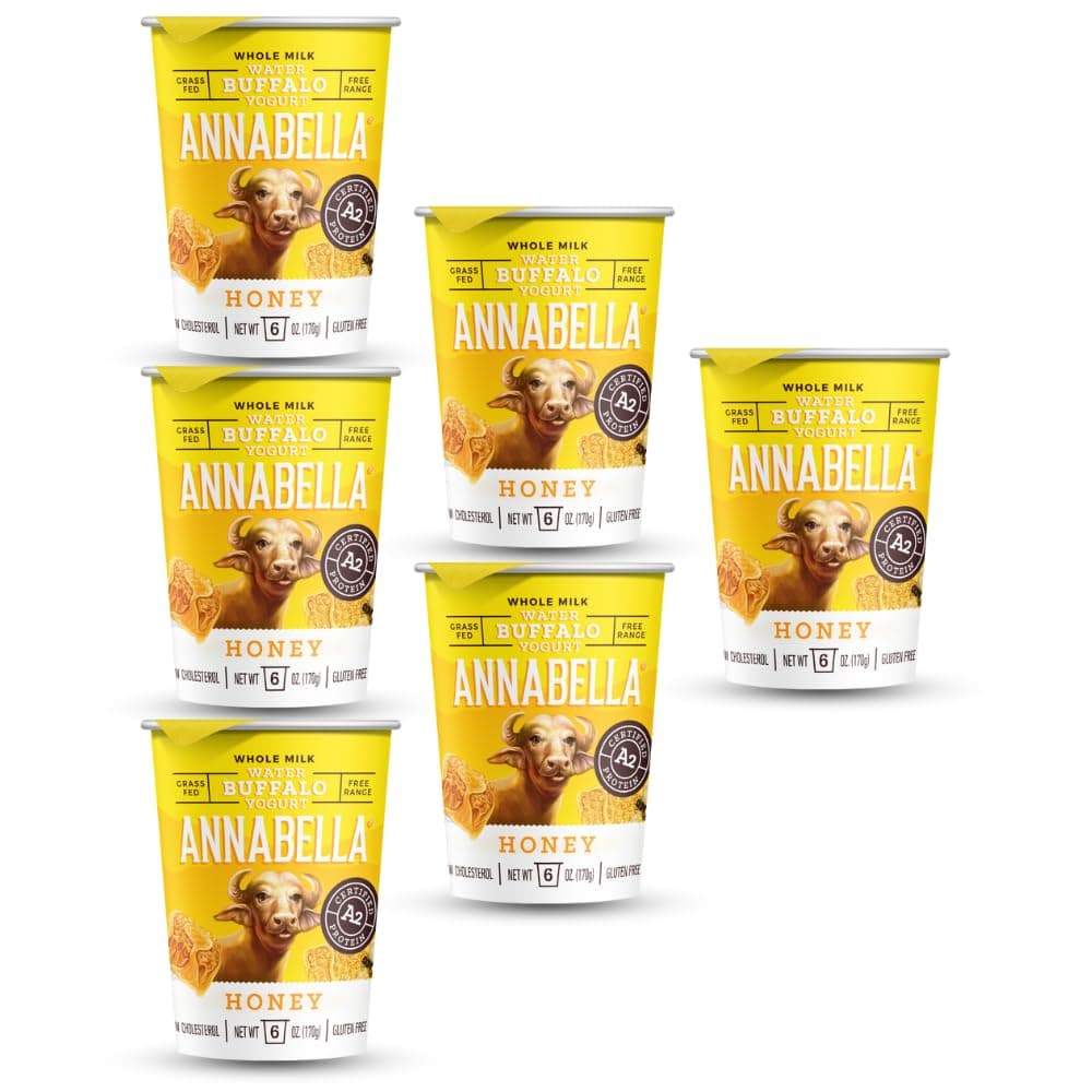 Annabella Water Buffalo Yogurt, A2 Milk, Grass Fed More Protein and Calcium, 50% Less Cholesterol and Lactose, Gluten Free, Small Batch, Mix in Smoothies, 6 Ounce, Pack of 6, Honey