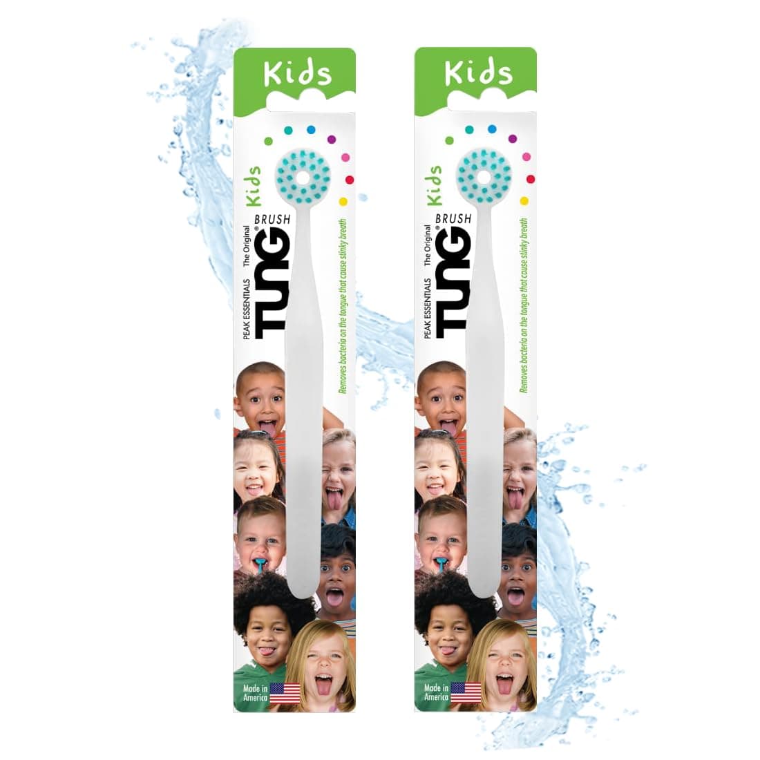 Peak Essentials The Original TUNG Brush Tongue Cleaner for Kids, Childs Tongue Scraper, Kids Tongue Children’s Tongue Cleaner Tongue Scrubber, Made in America, Set of 2