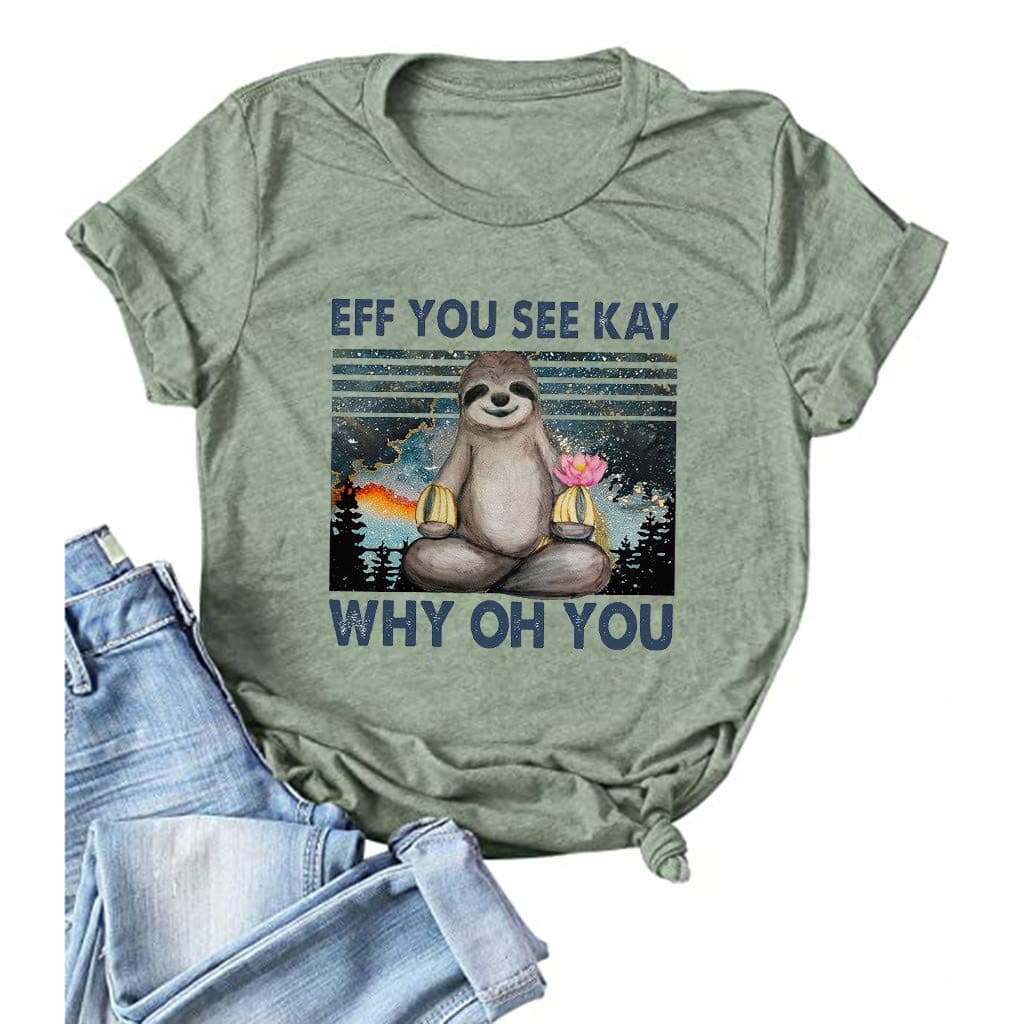 Retro Vintage Eff You See Kay Sloth Why Oh U T-Shirt Letter Print Graphic Casual Loose Tee Tops