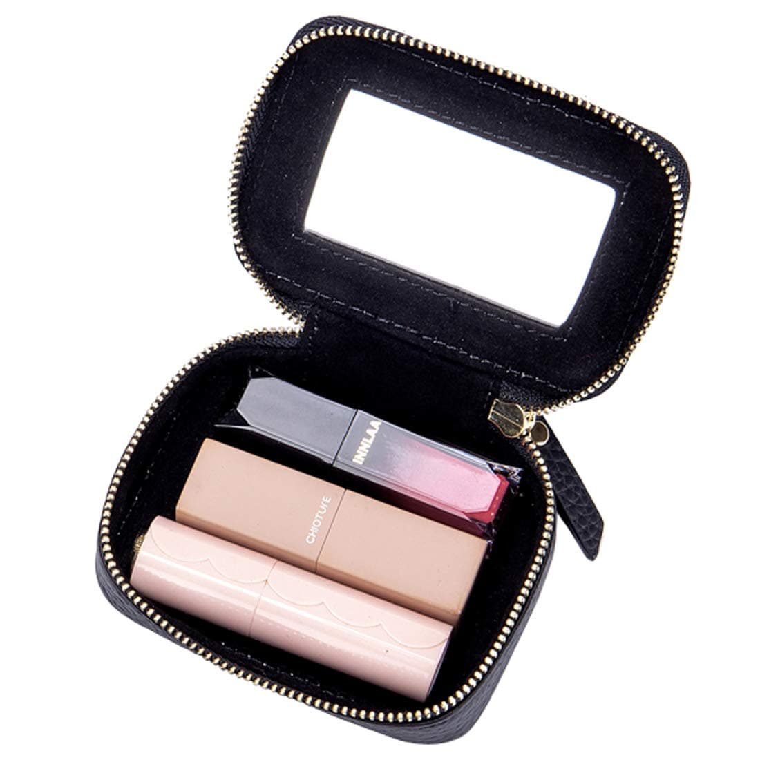 Mini Lipstick Case Holder Box with Mirror Genuine Leather Small Travel Makeup Cosmetic Pouch Bag Storage Kit for Women Girls (Black)