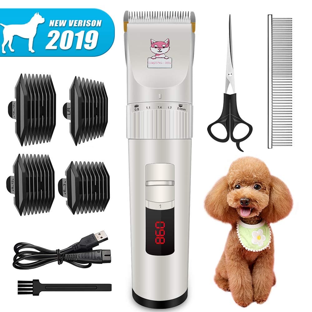 【New Version】Dog Clippers, Heavy Duty Electric Low Noise Pet Hair Grooming Kit with Detachable Blades & LED Screen Indication, Professional Rechargeable Cat Hair Shaver for Dogs Cats All Pets