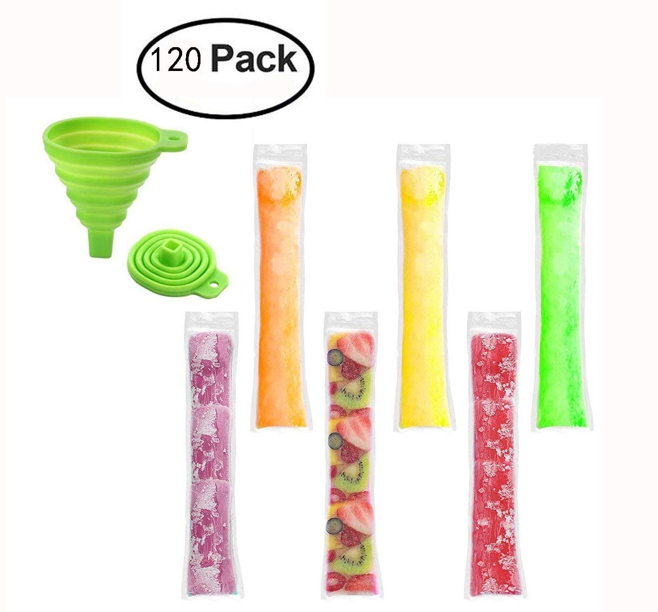 120pcs Ice Pop Molds Bags Popsicle Mold With Zip Seals with Foldable Funnel, 2 x 11” DIY Zip-Top Ice Pop Pouches for Gogurt, Ice Candy or Freeze Pops, BPA Free Freezer Tubes for Kids and Adults(11x2 inch, Clear)