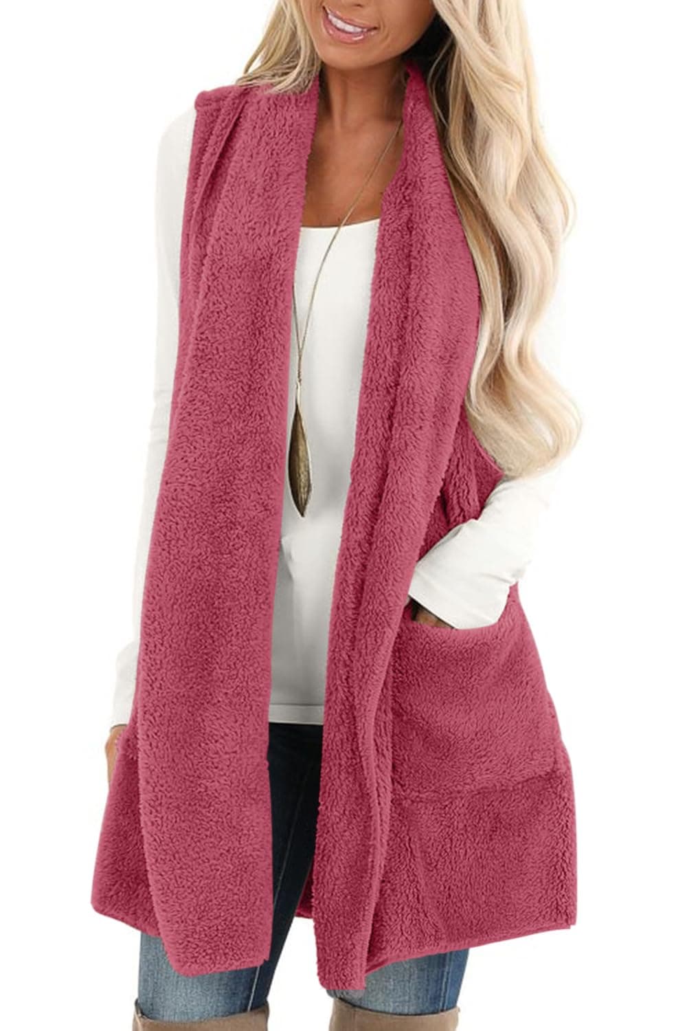 ReachMe Womens Sleeveless Sherpa Vest with Pockets Lapel Open Front Fleece Cardigan Sweater Fuzzy Jacket Coat
