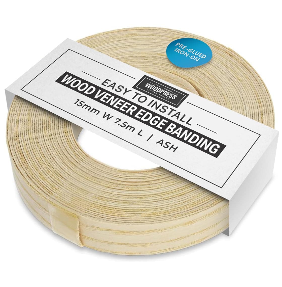 WoodPress® 15mm Real Ash Wood Iron-On Edging – 7.5m Roll – Pre-Glued Wood Veneer Tape for Easy DIY Application – Will Cover the Edge of a Standard MDF Panel
