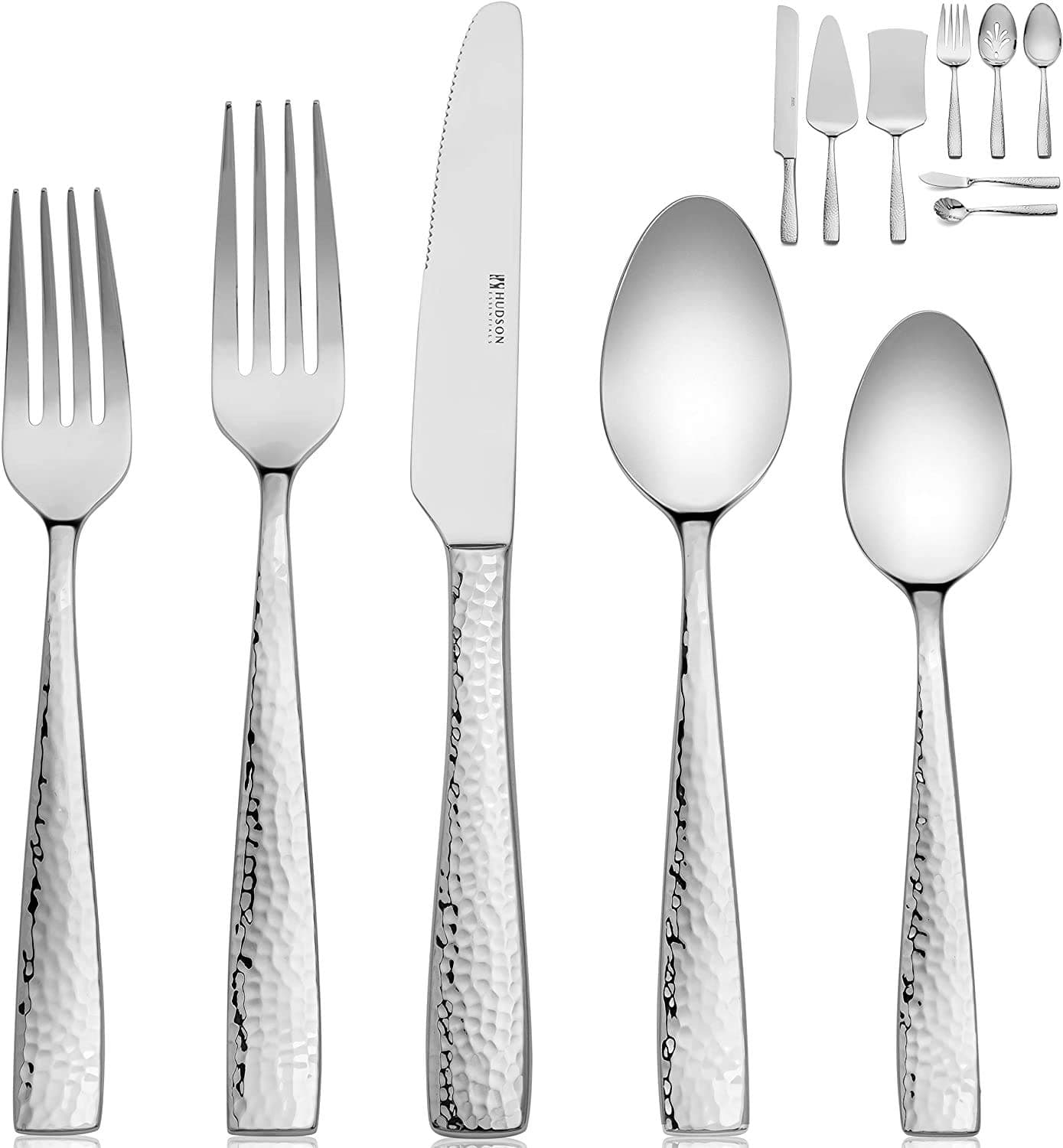 - Hudson Essentials 68-Piece Hammered 18/10 Stainless Steel Silverware Cutlery Set with Serving Set, Flatware Service for 12 (68-Piece Set)