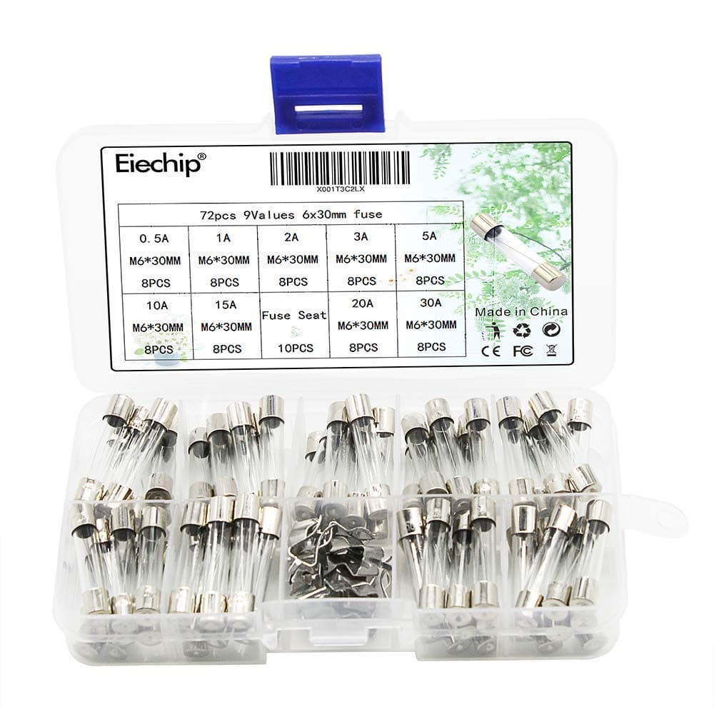 Eiechip 72pcs6x30mm Fast-Acting Glass Fuse Kit Fast-Blowing Glass Tube Fuse Various Kit Amplifiers 0.5A, 1A, 2A, 3A, 5A, 10A, 15A, 20A, 30A and 10 Fuseholders 6 30 Household Fuse Blocks