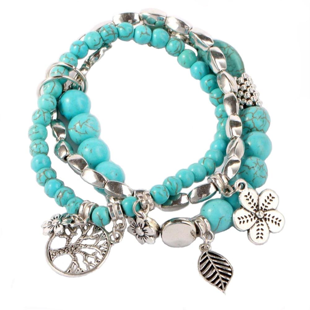 3 Sets Bohemian Turquoise Beaded Bracelet with Charm Tree of Life Beach Stretch Bracelet