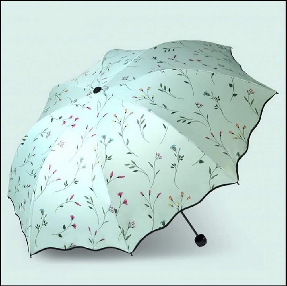 LFSMARKET Anti-UV Sun Umbrella Triple Folding UV Protected Parasol Windproof Tested Compact Travel Rain Umbrella for Women Girls Vintage Flouncing Lotus Leaves Flower Pattern Green