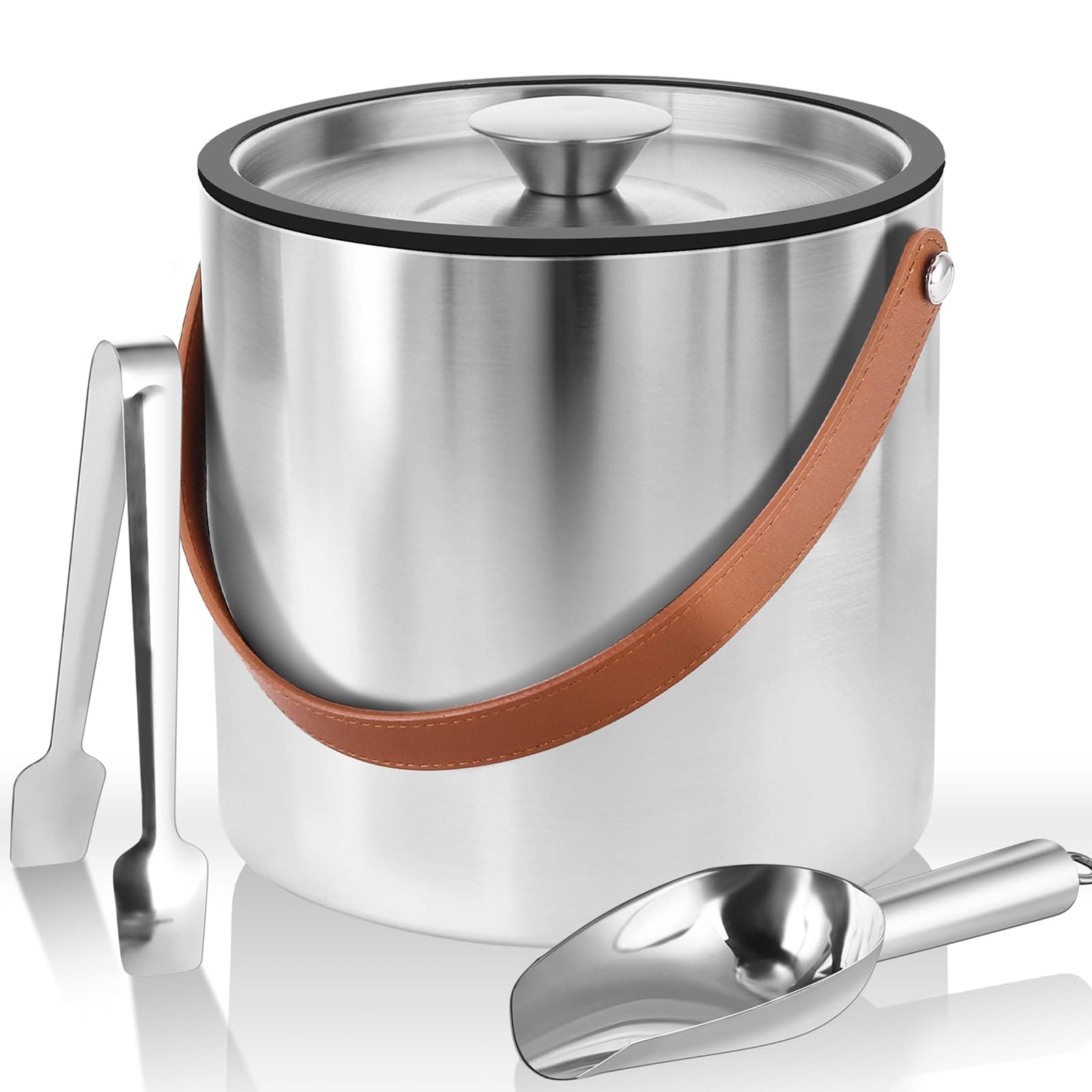 Double-Wall Vacuum Insulated Ice Bucket with Lid, Scoop, Ice Tong, Strainer & Leather Handle Keep Ice Frozen Longer Large Wine Ice Buckets for Cocktail Bar,Parties Chilling Beer Champagne 3L