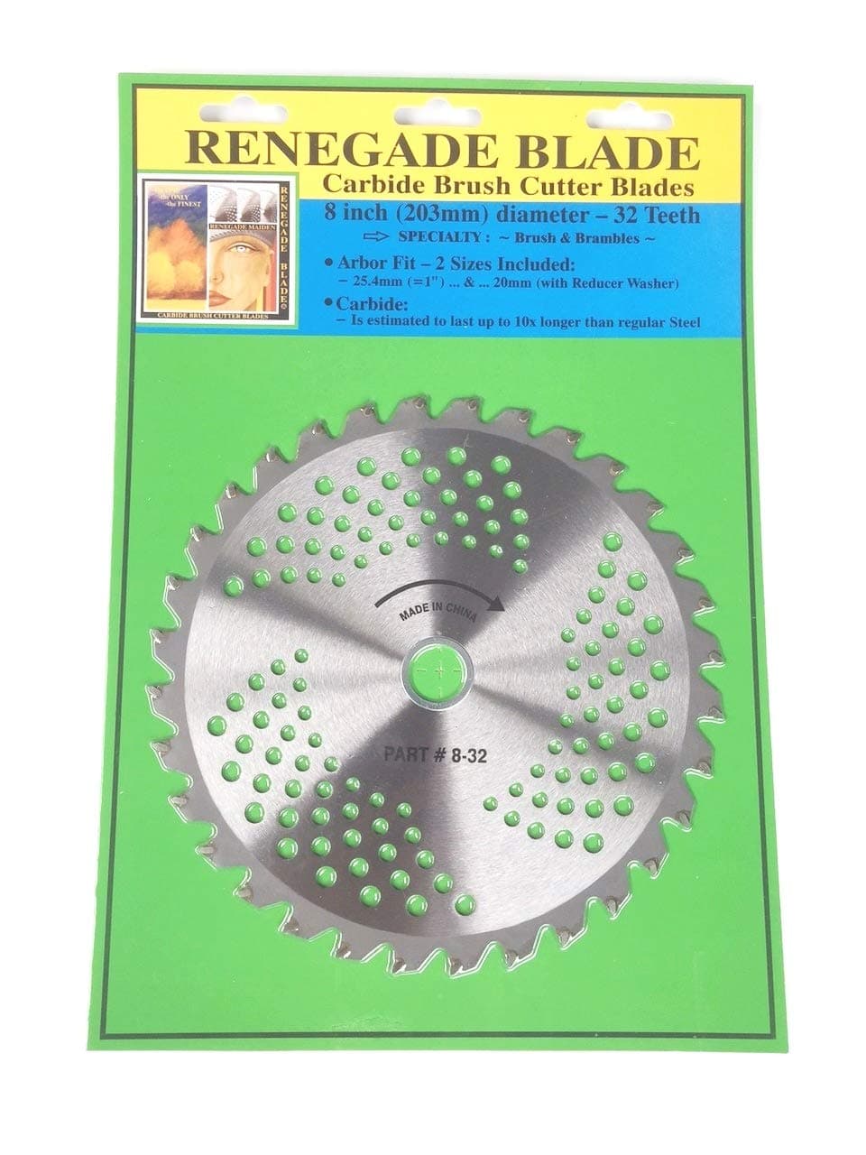 1 Blade 8"-32t - Brush & Brambles Specialty - RENEGADE BLADE® - Carbide Brush Cutter Weed Eater Blades, 203mm Diameter