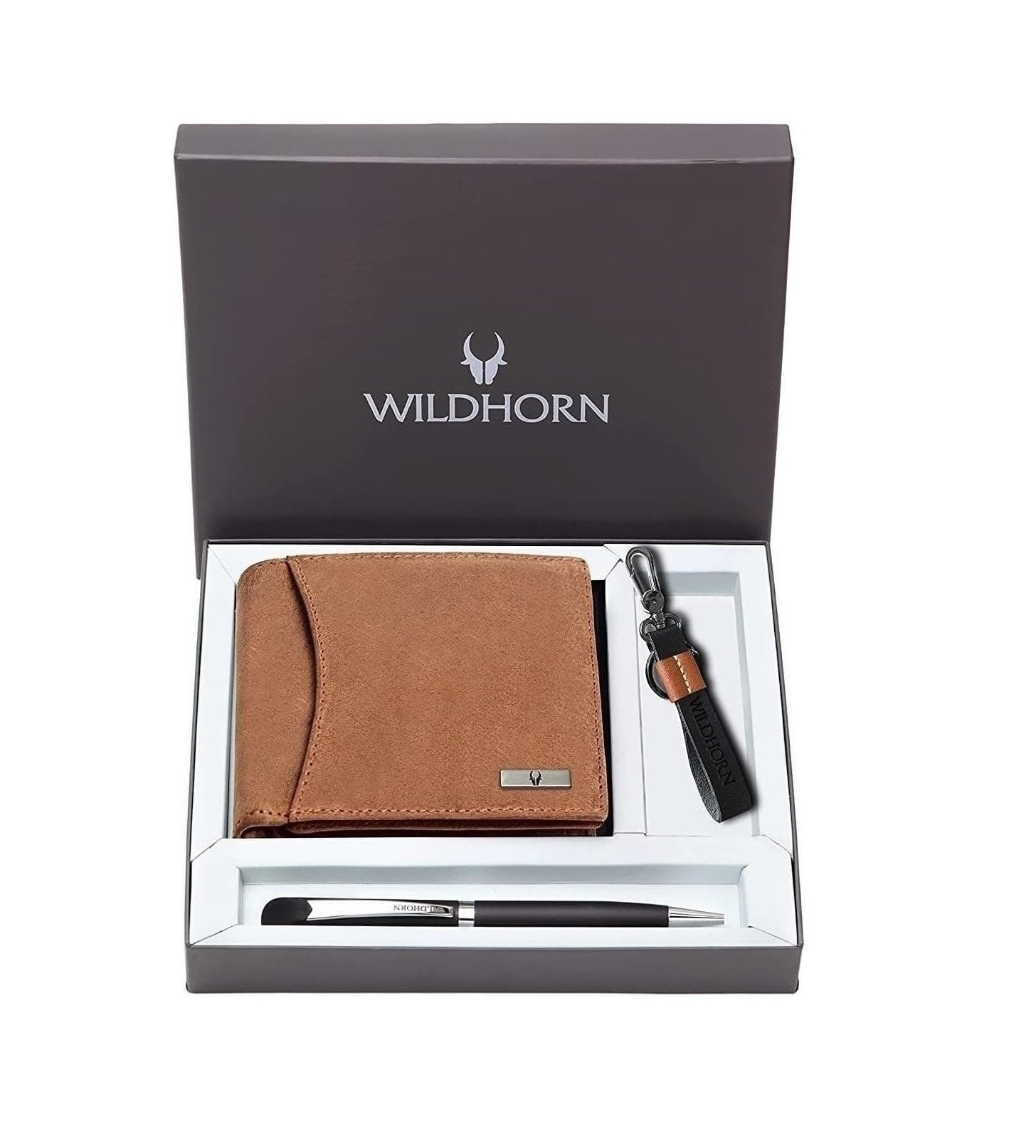WildHorn Gift Hamper for Men I Leather Wallet, Keychain & Pen Combo Gift Set I Gift for Friend, Boyfriend,Husband,Father, Son etc (Tan H M)