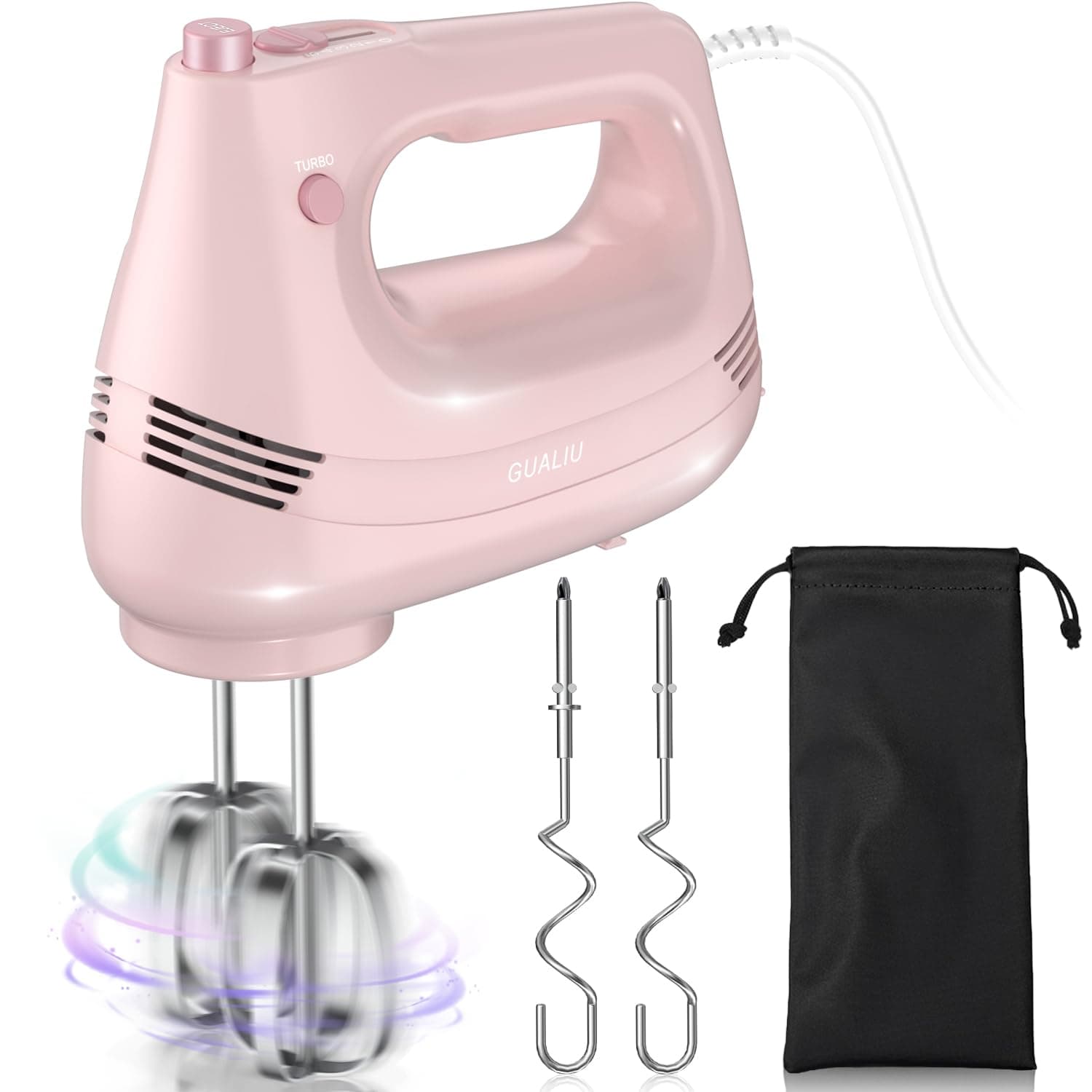 Electric Hand Mixer with Stainless Steel Whisk, Dough Hook Attachment and Storage Bag, Handheld Mixer for Baking Cakes, Eggs, Cream Food Mixers. Turbo Boost /5 Speed Kitchen Blender PINK