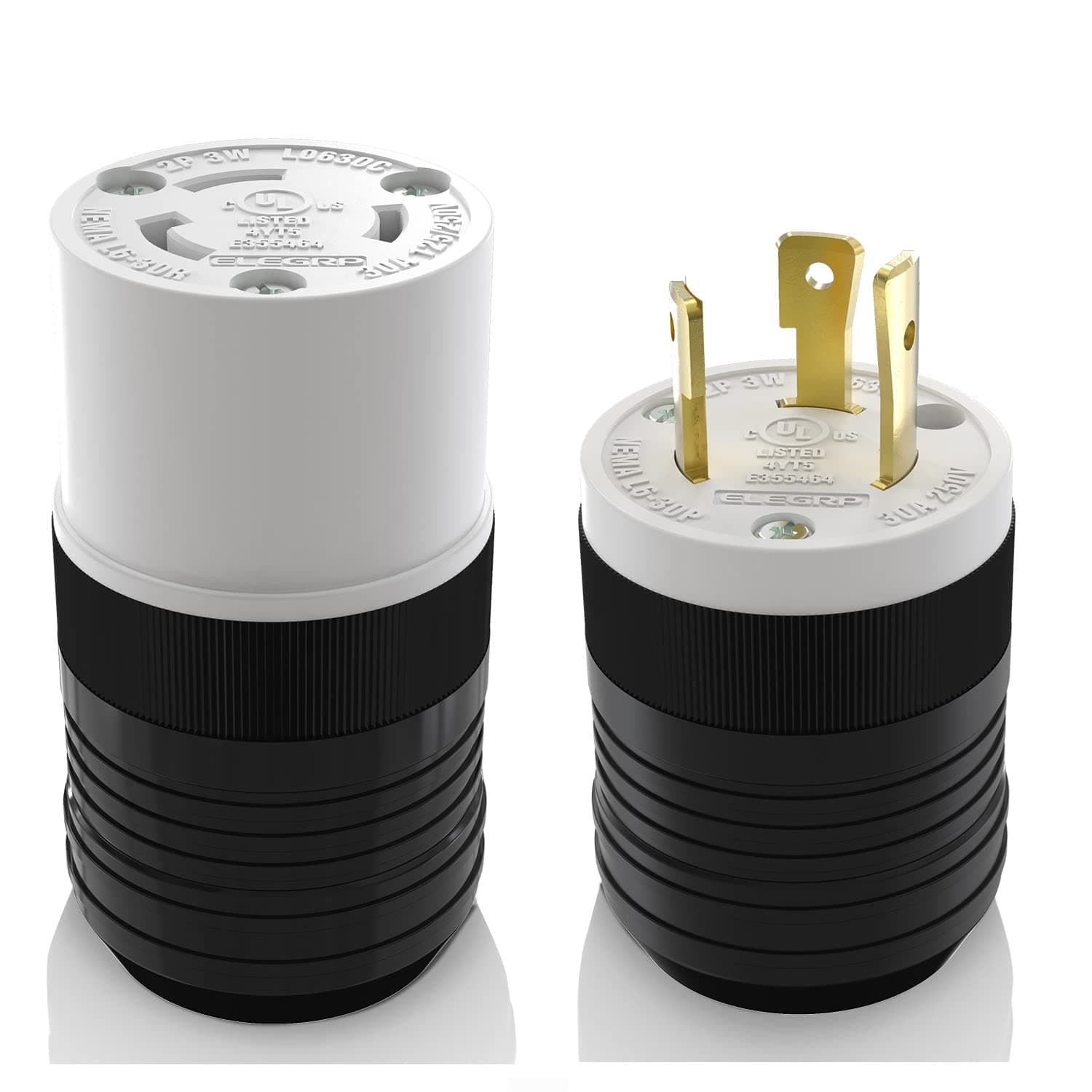 ELEGRP NEMA L6-30P & NEMA L6-30R Locking Plug and Connector Set, Generator Twist Lock Plug Socket, 30 Amp 250V 2 Pole 3 Wire Grounding, Industrial Grade Heavy Duty, UL Listed (1 Set, Black/White)