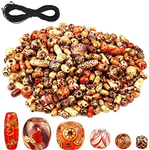 500PCS Printed Wooden Beads Mixed, Barrel Beads Various Shapes Elastic Beading Cord for Jewelry Making DIY Bracelet Necklace Hair Accessories Supplies Assorted