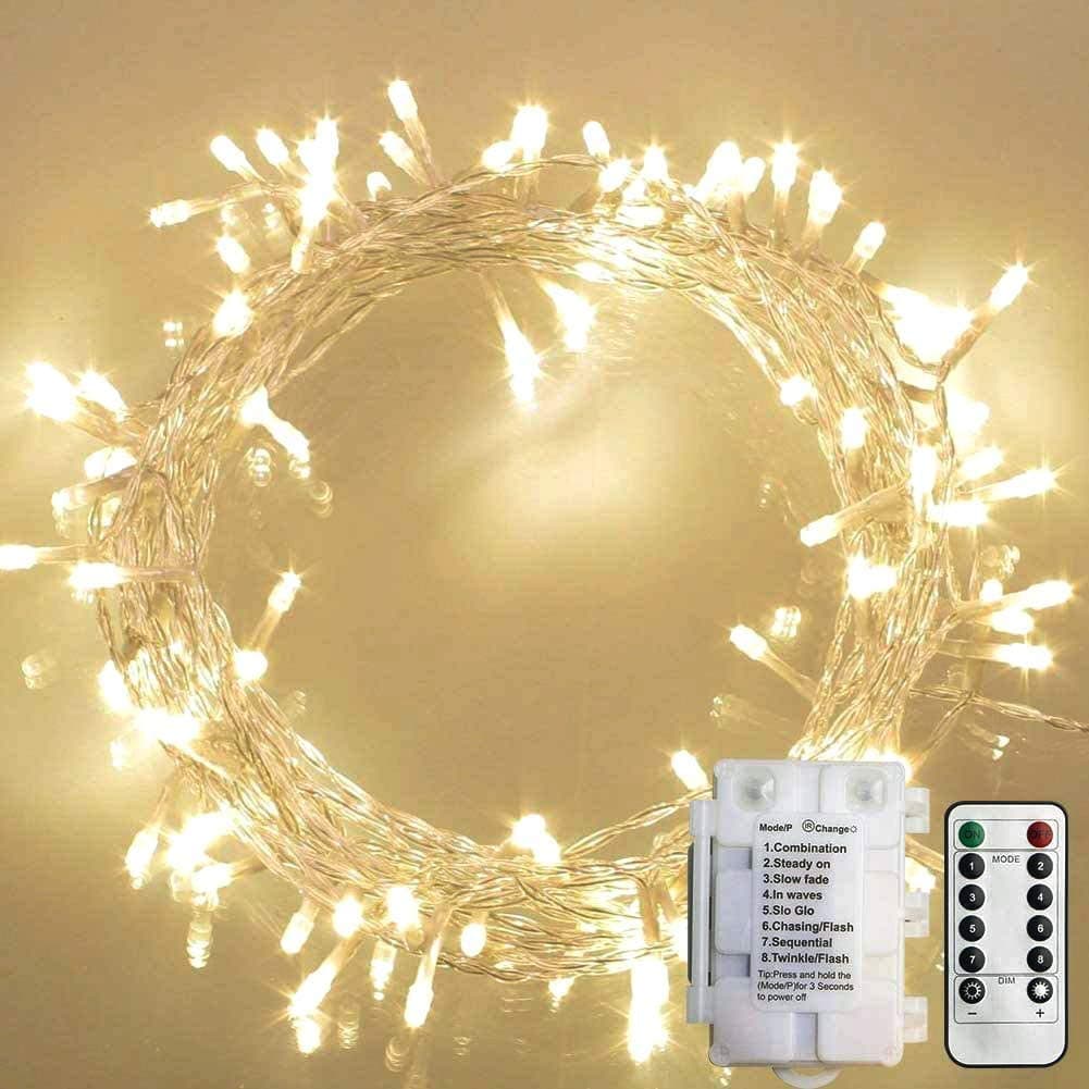 36ft 100 LED Battery Operated LED Lights with Automatic Timer for Outdoor Garden Patio Lawn Party (8 Modes, Lighting, IP65 Waterproof, Warm White) FOR Party New Year Ramadan Christmas