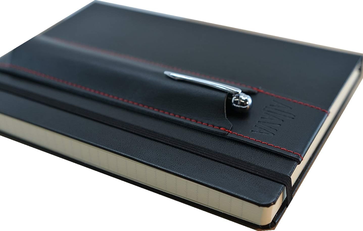 skors Pen Holder ALJAVA for (A5) Leuchtturm1917 or Moleskine Notebooks, Bullet-Journals or Calendars with Hardcover in Black with Red Stitches - Made of Faux Leather