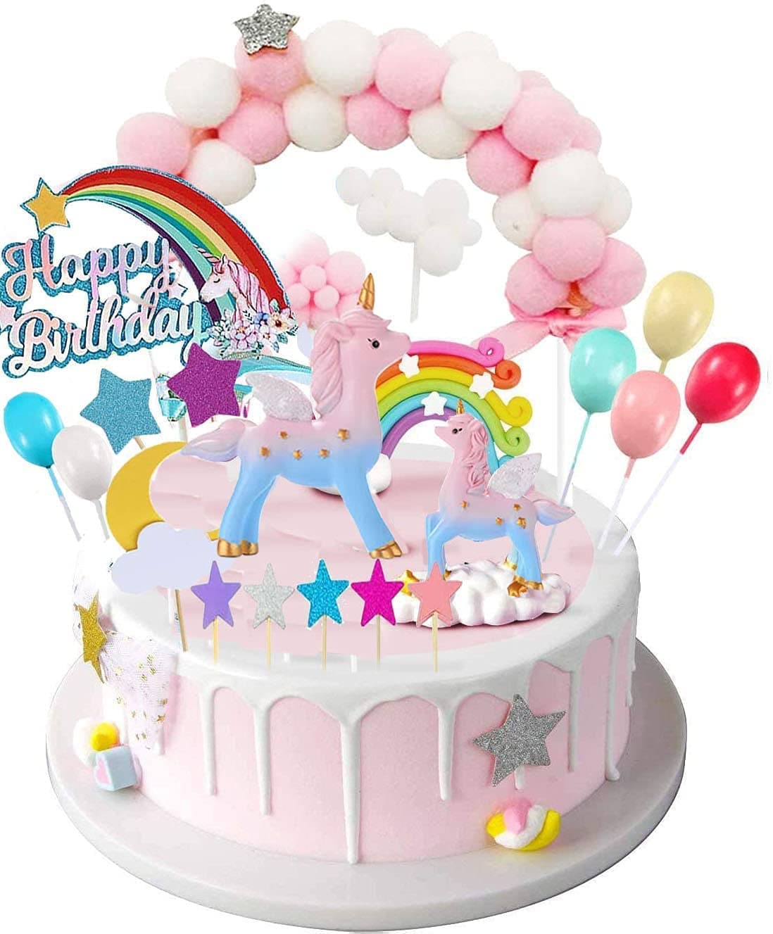 Unicorn Party Cake Topper Kit With 2 Sculptures, Rainbow Balls Cloud for Birthday Party Supplies