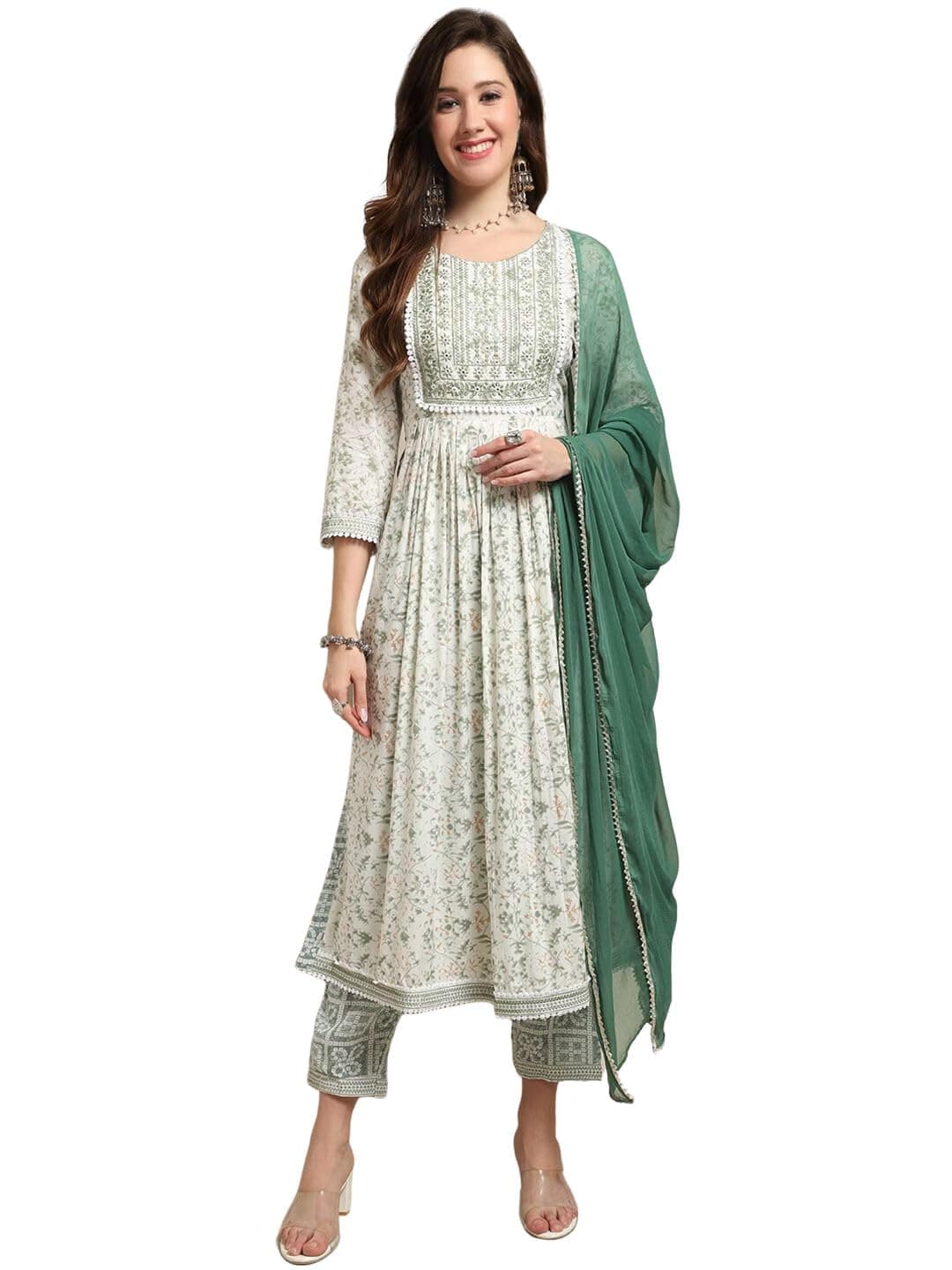 AmayraWomen's Viscose Rayon Nayra Cut Embroidered Kurta with Pant and Dupatta Set