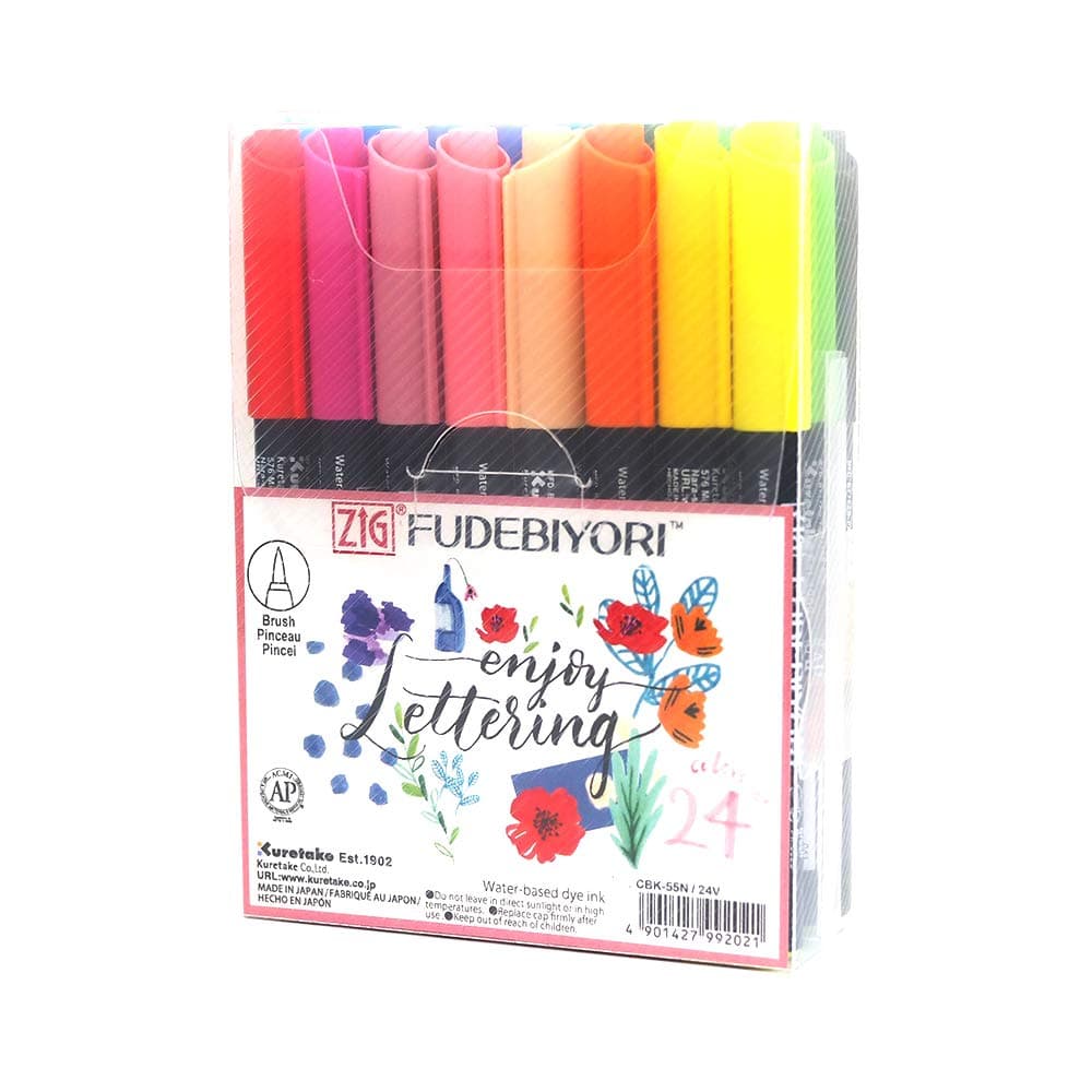 Kuretake ZIG FUDEBIYORI Brush Pens 24 Colors set, AP-Certified, Odourless, Xylene free, Flexible Hard brush tip, Effective for both details and larger spaces, Portable, Professional quality,