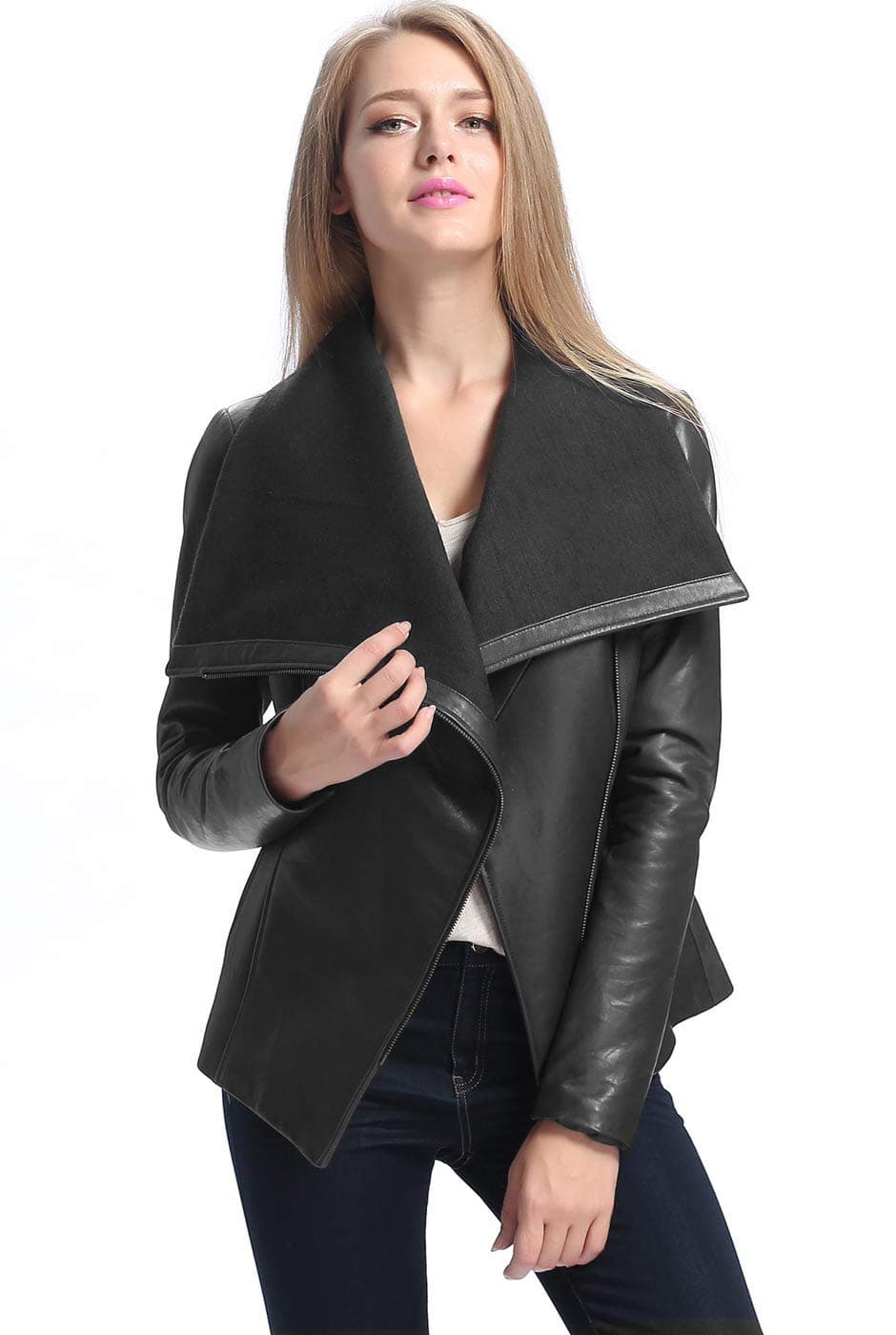 BGSD Women Lily Lambskin Leather Drape Jacket (Also available in Plus Size & Petite)
