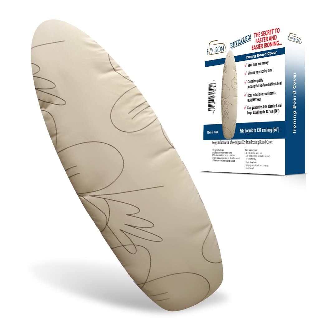 Ezy Iron Padded Ironing Board Cover Thick Padding, Slashes Your Iron Time, Heat Reflective Fits Standard and Large Boards 15" x 54" Premium Heavy Duty Cover and Pad (Beige)