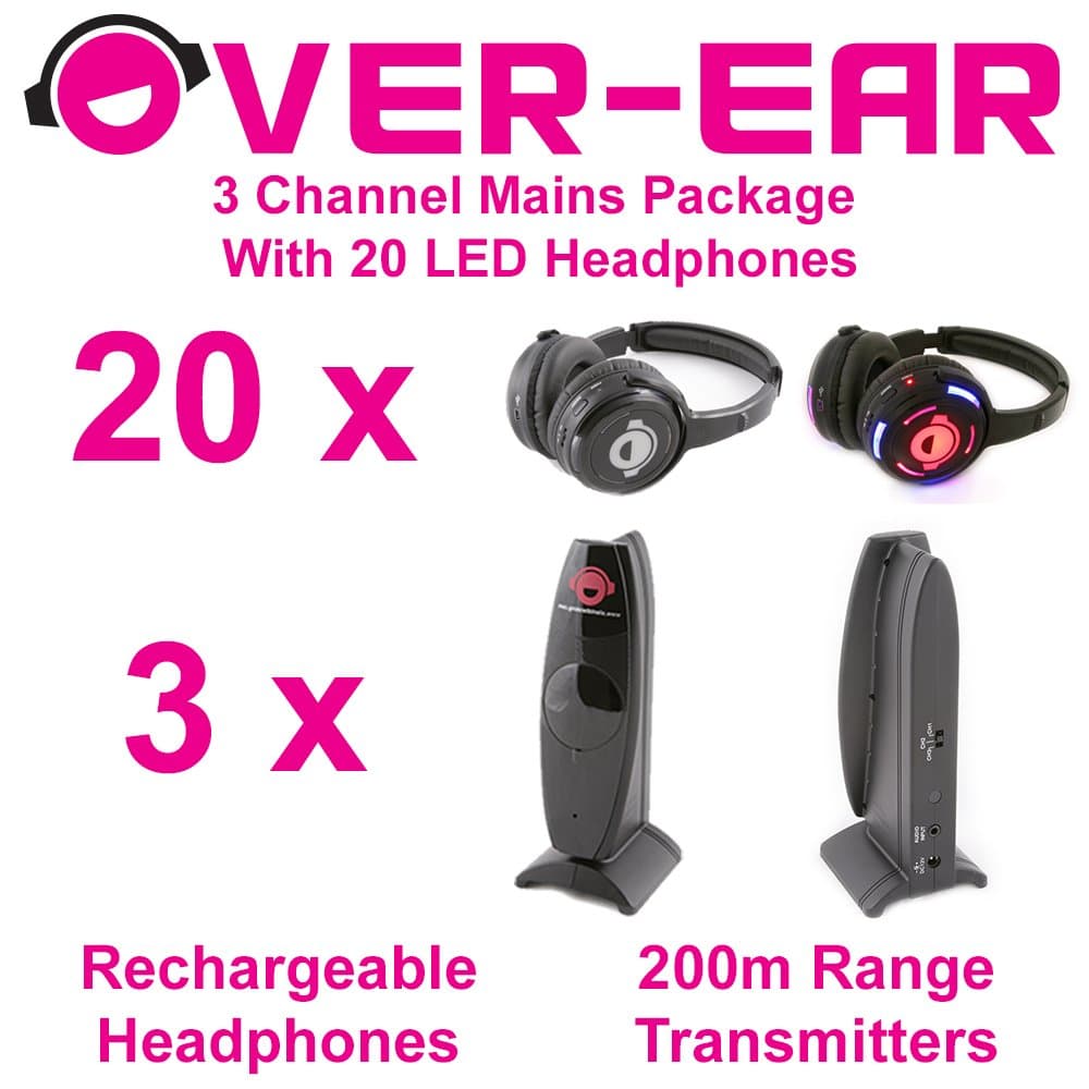 Silent Disco Package - 3 Channels & 20 LED Headphones