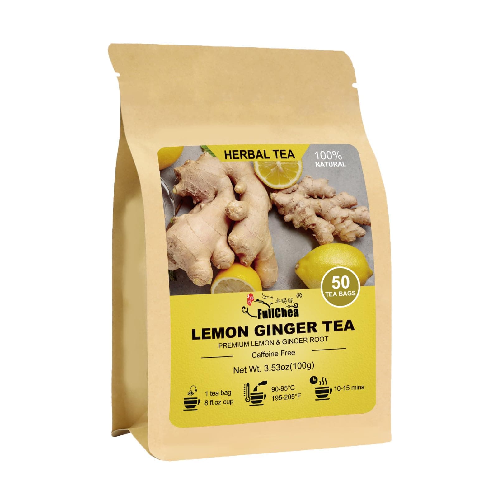 FullChea - Lemon Ginger Tea Bags, 50 Teabags - Pleasantly Spicy & Warming - Non-GMO - Caffeine-free - Support Healthy Digestion & Boost Immunity