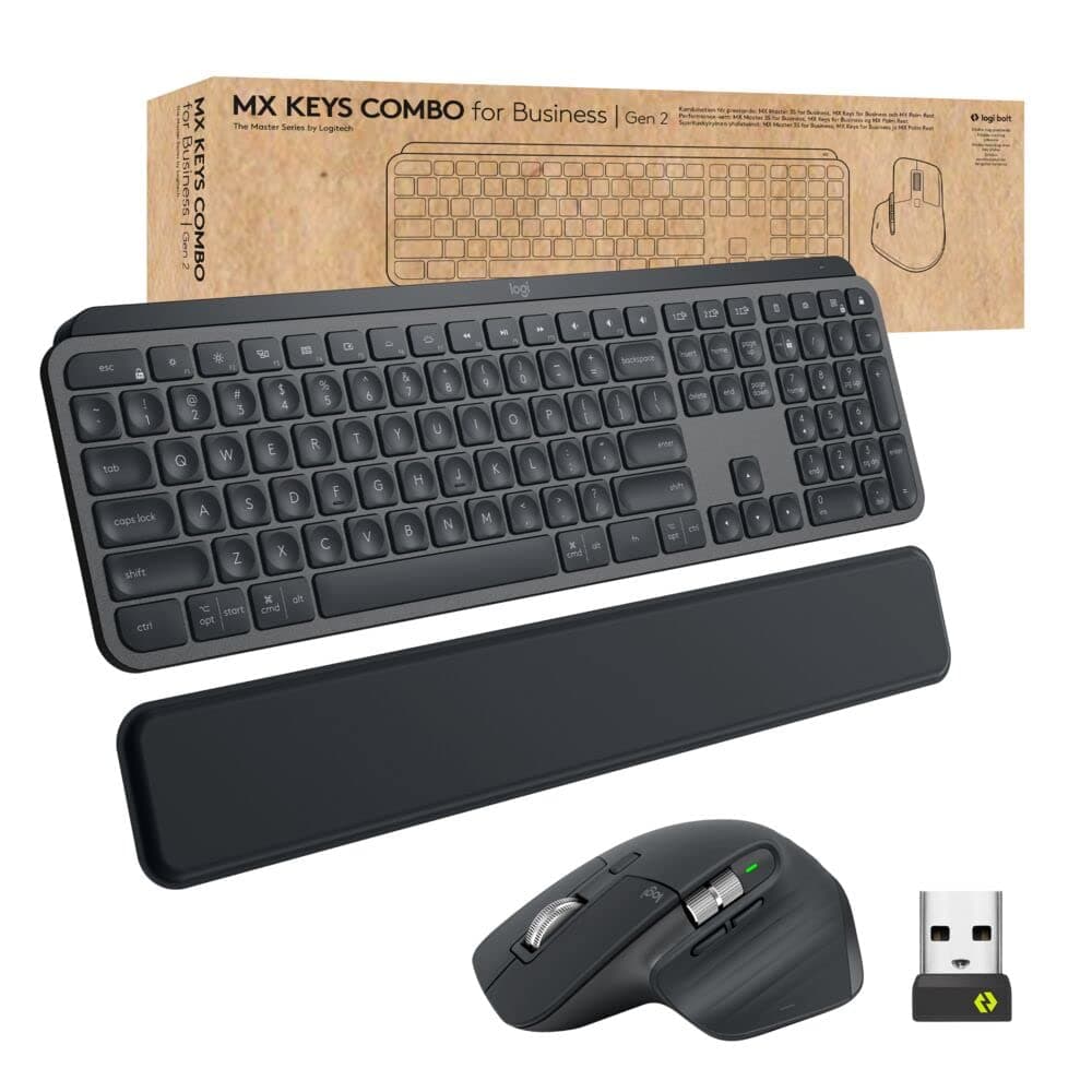 Logitech MX Keys Combo for Business | Gen 2, Full Size Wireless Keyboard and Wireless Mouse, with Keyboard Palm Rest, Bluetooth, Logi Bolt, Quiet Clicks, Windows/Mac/Chrome/Linux - Graphite