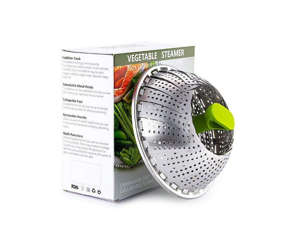 Steamer Basket Stainless Steel Vegetable Steamer Basket Folding Steamer Insert for Veggie Fish Seafood Cooking for Herbs, Chicken, Meat & Vegetables with Oven Mitts (9 in)