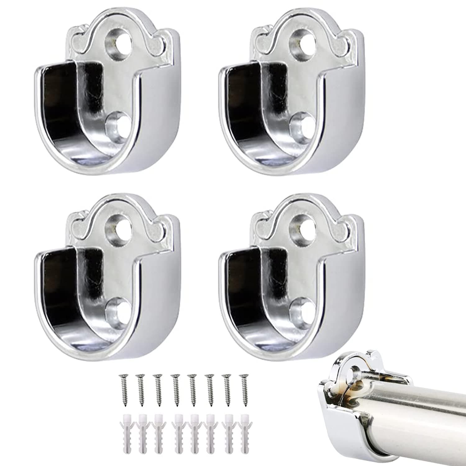 Excefore Closet Rod End Support, 4 Pcs Stainless Steel Heavy Duty Pole Sockets, Flange Holder With Screws, Easy Installation Shower Curtain Hanging Tube Bracket (25mm)