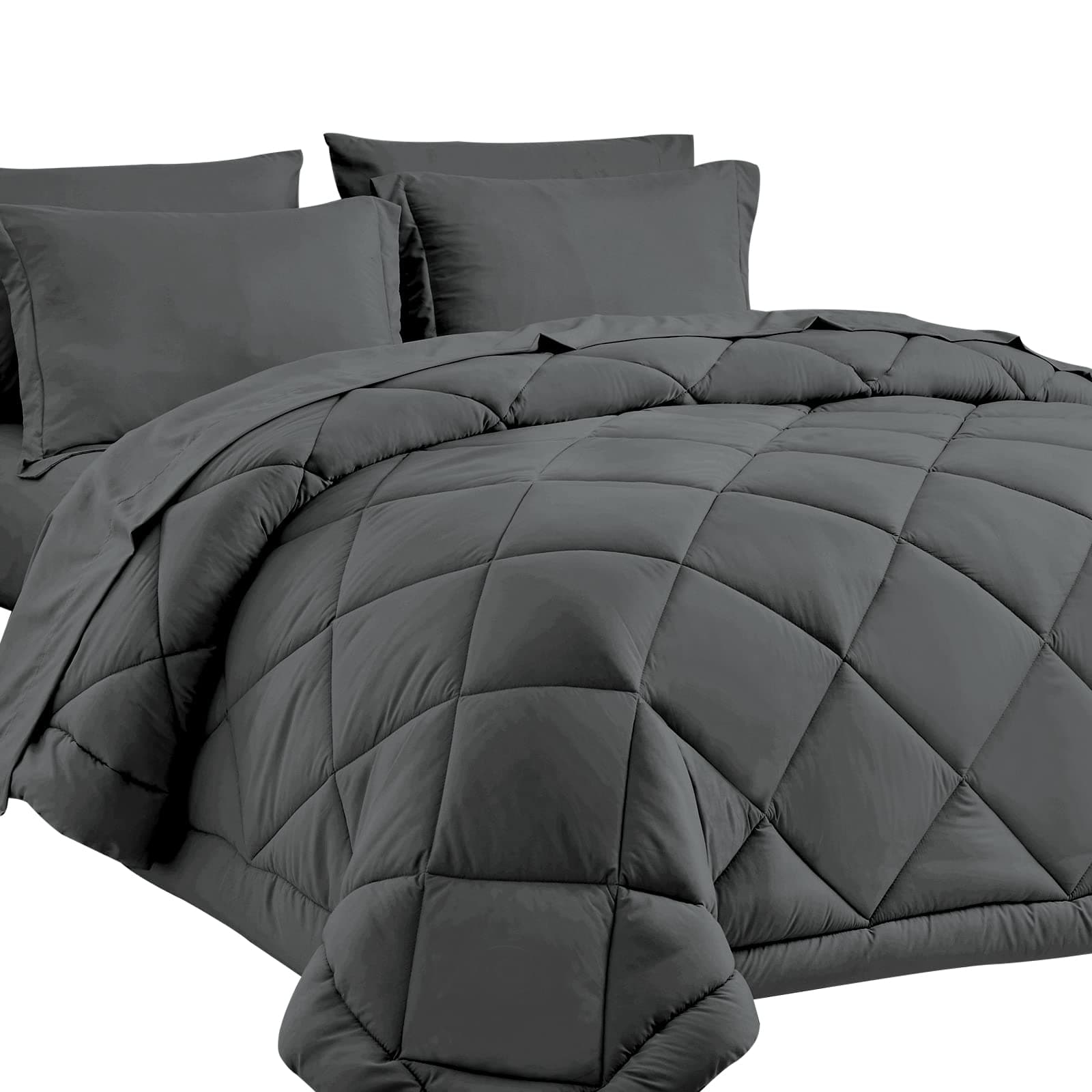 CozyLuxFull Comforter Set with 7 Pieces Bed in a Bag - Dark Grey All Season Bedding with Comforter, Pillow Shams, Flat Sheet, Fitted Sheet and Pillowcases