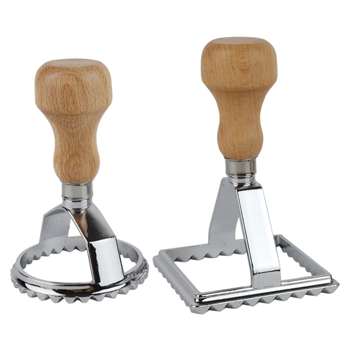 Ravioli Maker Cutter Stamps Set Round & Square Shape Ravioli Masker - Large Size Aluminum Press with Wooden Handle and Fluted Edge, Set of 2