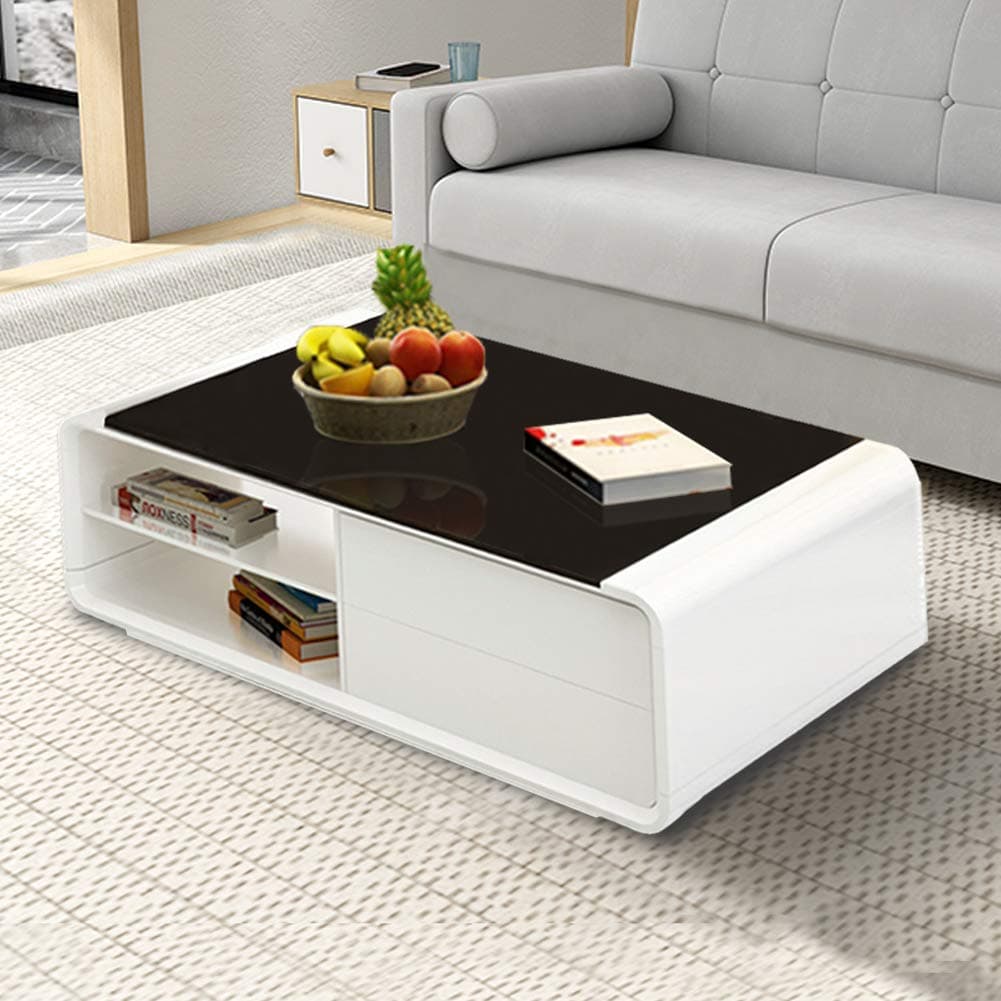OFCASA White High Gloss Coffee Table with Storage Glass Top Coffee Table 2-Drawer and 2-Shelf Storage Cabinet Side Table Living Room Home Office Reception Furniture