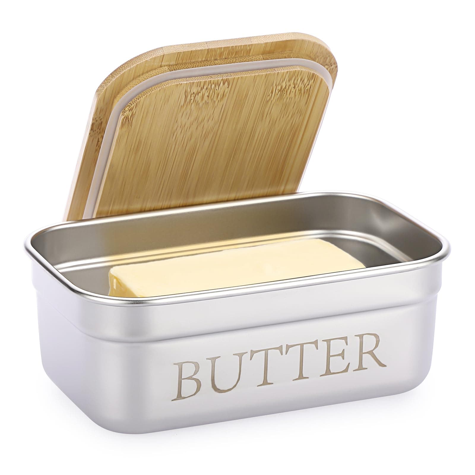 BSTKEY Butter Dish with Lid for Countertop, Stainless Steel Butter Holder Container with Silicone Sealing, Butter Keeper for Kitchen, Holds 1 Stick West or 2 Sticks East Coast Butter