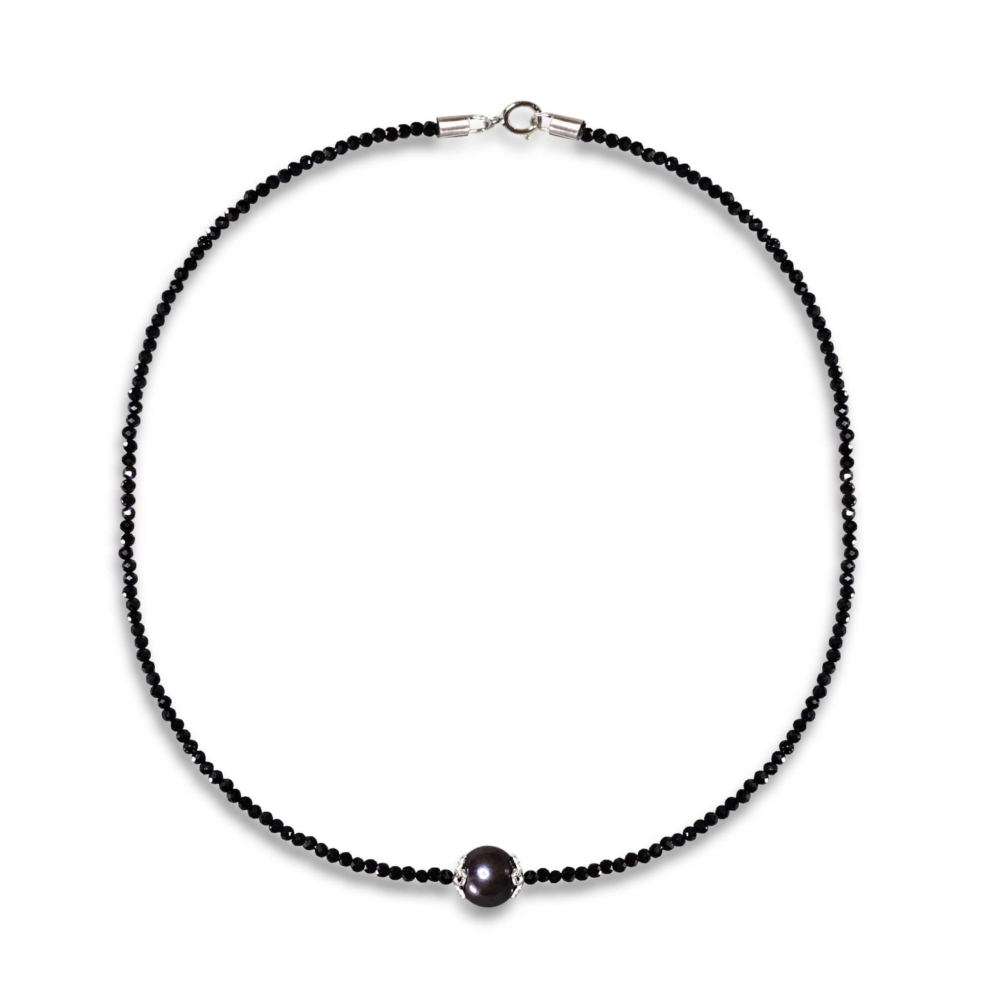 Delicate Black Spinel Necklace With Black Pearl In Sterling Silver, Tiny Black Gemstone Dainty Choker, Black Spinel & Black Pearl Jewelry