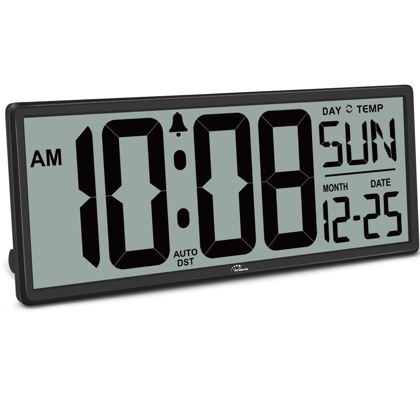 WallarGe 14.5'' Large Digital Wall Clock Battery Operated with Jumbo Numbers, Temperature and Date - Easy to Read and Set, Auto DST