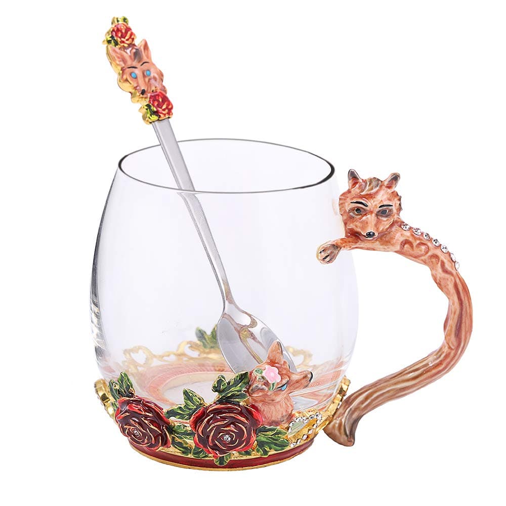 SEMAXE Handmade Glass Cup with Spoon Set and Cloisonne Handle,can be used as Teacup, Coffee Mug, Drinking Cup and Mother's Day, Christmas, Wedding Anniversary, Birthday Gifts(Fox)