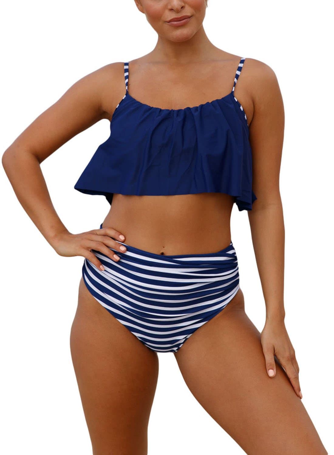 Actloe Women's Strap Ruffle Bikini Top with High Waist Printed Bottom Two Pieces Swimsuit Bathing Suits Navy Blue XX-Large