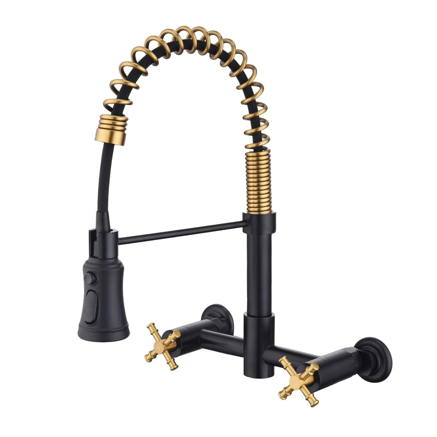Wall Mount Kitchen Faucet, 8 Inch Center Wall Mount Faucet with Pull Down Sprayer, Commercial Spring Wall Faucet for Kitchen Sink, 3 Functions, Dual Handle, 304 Stainless Steel, Black and Brushed Gold