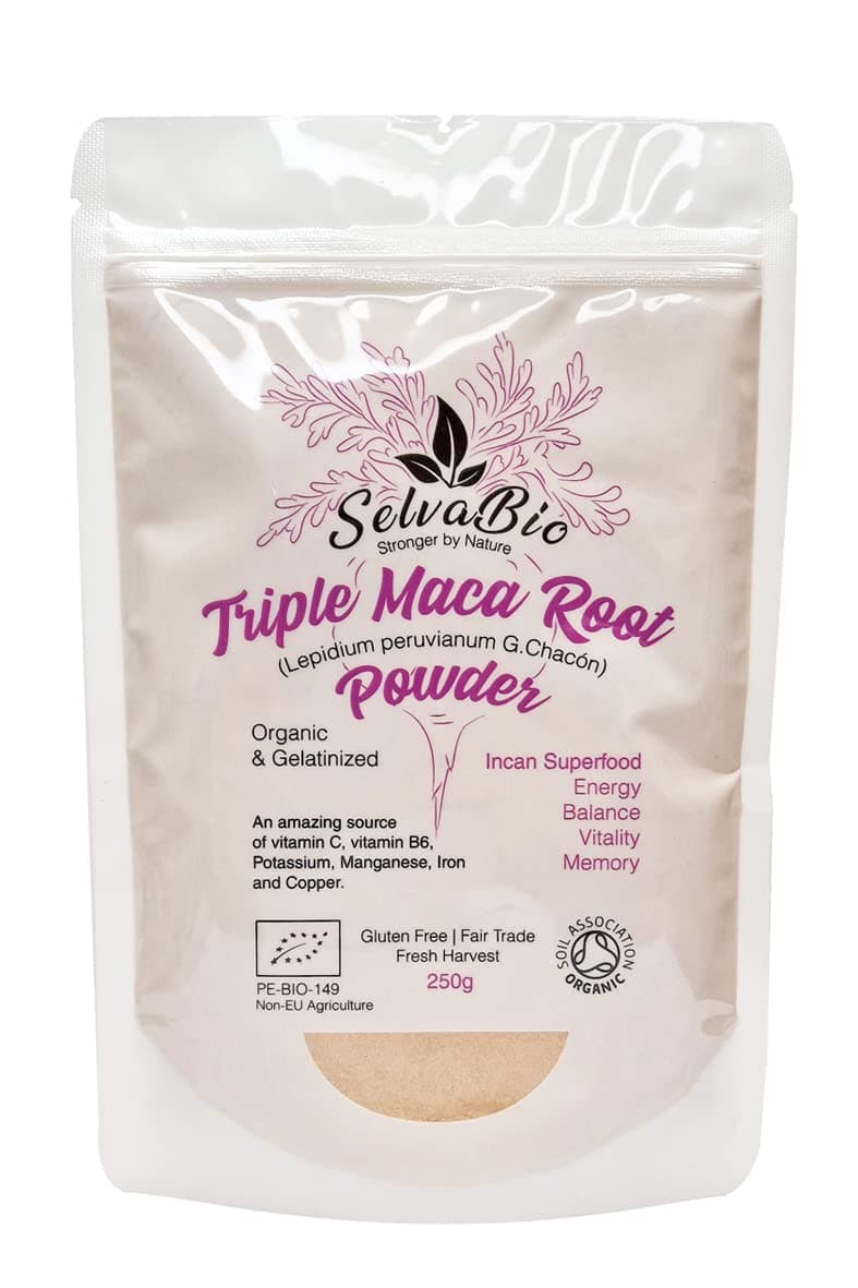 Triple Maca Root Powder, Gelatinised, Certified Organic, Black Red & Yellow Blend, Single Origin, Peru, Vegan, for Smoothies, Shakes & Baking, 250 g